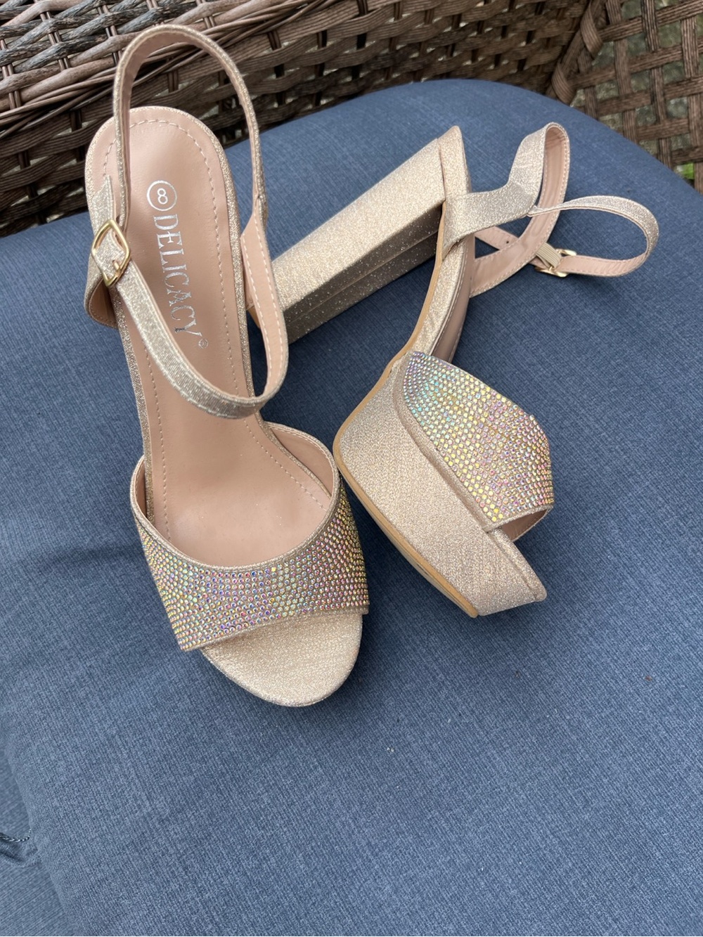 Delicacy Champagne Glitter Platform Slingback Heels with Rhinestones